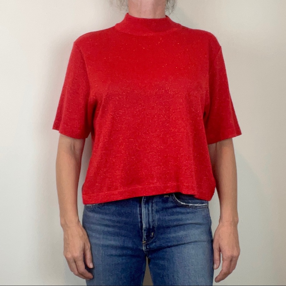 Vintage 1990s Drapers and Damon’s Metallic Red Knit Mockneck Top Size Medium
